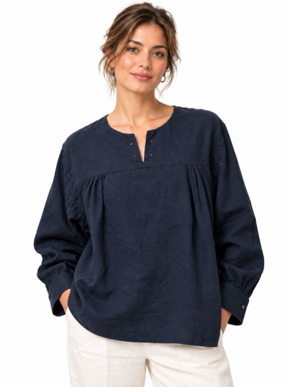 Eskandar 100% Linen Top Blue Long Sleeve Boxy Split V-Neck Oversized EUC Size 0